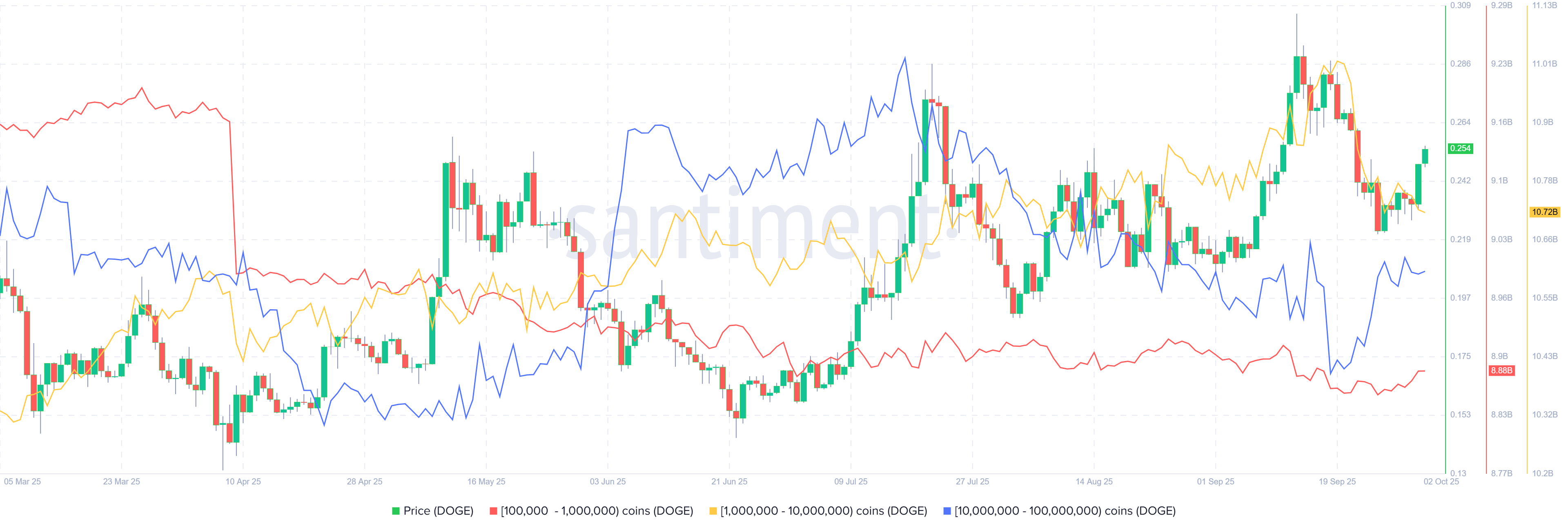 Biểu đồ phân phối nguồn cung Dogecoin. Nguồn: Santiment